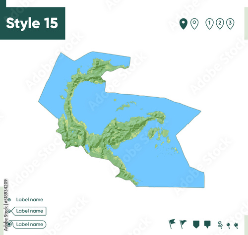 Central Sulawesi, Indonesia - map with shaded relief, land cover, rivers, lakes, mountains. Biome map.