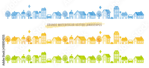 Watercolor illustration of houses and trees set