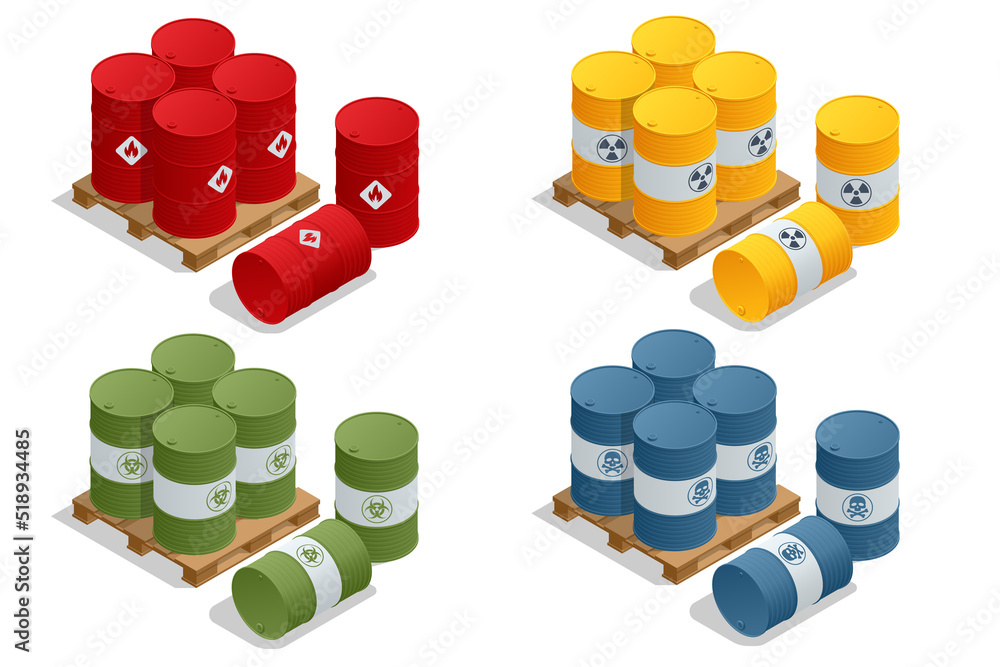 Isometric Barrels with flammable substances, Biohazard waste, Radioactive waste, Toxic waste