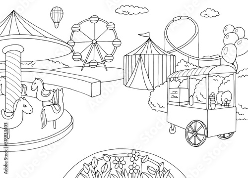 Amusement park landscape graphic black white sketch illustration vector 