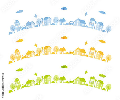 Watercolor illustration of houses and trees set
