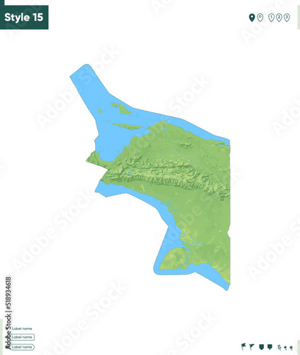 Papua, Indonesia - map with shaded relief, land cover, rivers, lakes, mountains. Biome map.