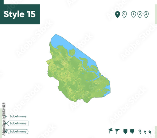 Riau, Indonesia - map with shaded relief, land cover, rivers, lakes, mountains. Biome map.