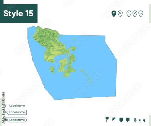 Southeast Sulawesi, Indonesia - map with shaded relief, land cover, rivers, lakes, mountains. Biome map.