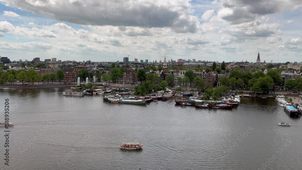 Aerial View Canal With Boats Amsterdam Aerial View Canal With Boats Amsterdam