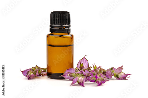 A bottle of essential oil with fresh blooming clary sage twigs on white background.