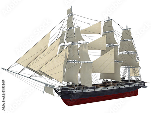 Pirate sailing ship 3D rendering on white background
