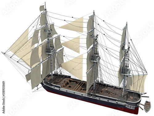 sailing ship 3D rendering on white background
