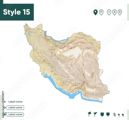 Iran - map with shaded relief, land cover, rivers, lakes, mountains. Biome map.