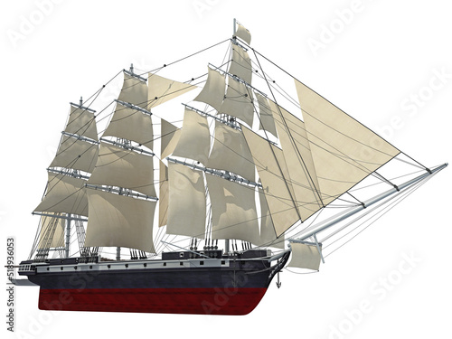 Pirate sailing ship 3D rendering on white background