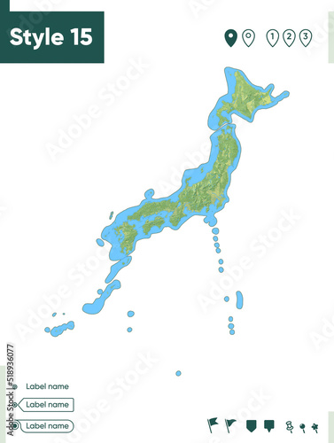 Japan - map with shaded relief, land cover, rivers, lakes, mountains. Biome map.