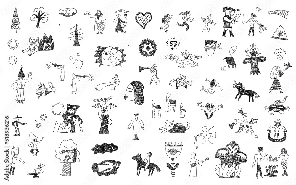 fairy tale doodles , hand drawn characters set ,design elements in sketch style