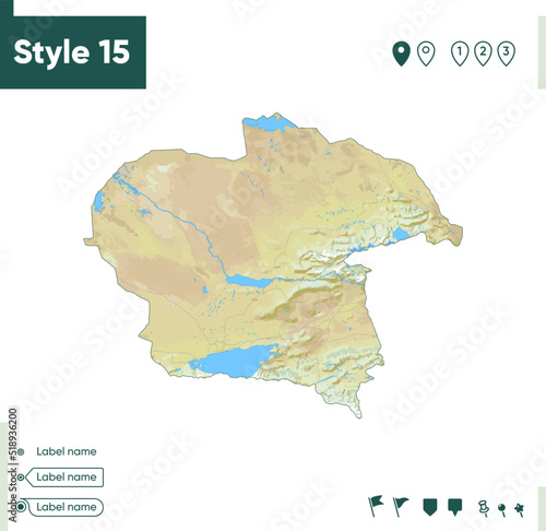 Almaty, Kazakhstan - map with shaded relief, land cover, rivers, lakes, mountains. Biome map.