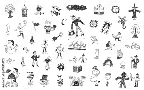 fairy tale doodles , hand drawn characters set ,design elements in sketch style