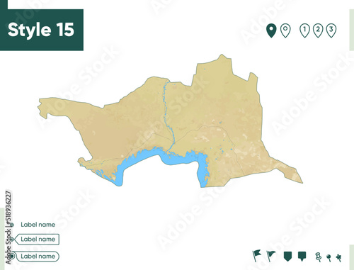 Atyrau, Kazakhstan - map with shaded relief, land cover, rivers, lakes, mountains. Biome map.