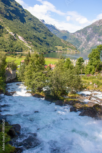 Geiranger panorama view from Storseterfossen (also Storsæterfossen) Møre og Romsdal at Geirangerfjorden in Norway (Norwegen, Norge or Noreg) photo