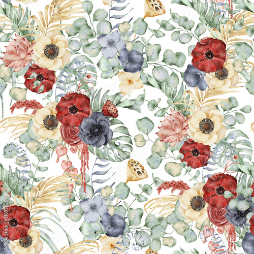 Fotografie, Tablou Watercolor seamless pattern with anemone flowers, eucalyptus and monstera leaves