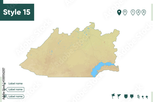 Karaganda, Kazakhstan - map with shaded relief, land cover, rivers, lakes, mountains. Biome map.