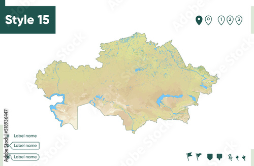 Kazakhstan - map with shaded relief, land cover, rivers, lakes, mountains. Biome map.