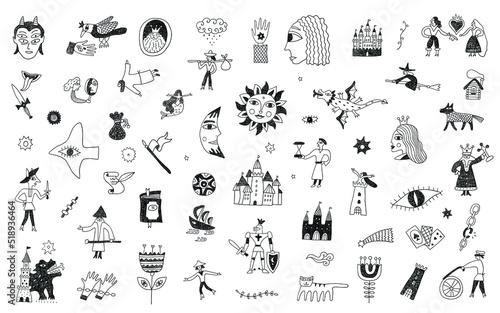 fairy tale doodles , hand drawn characters set ,design elements in sketch style