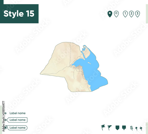 Kuwait - map with shaded relief, land cover, rivers, lakes, mountains. Biome map.