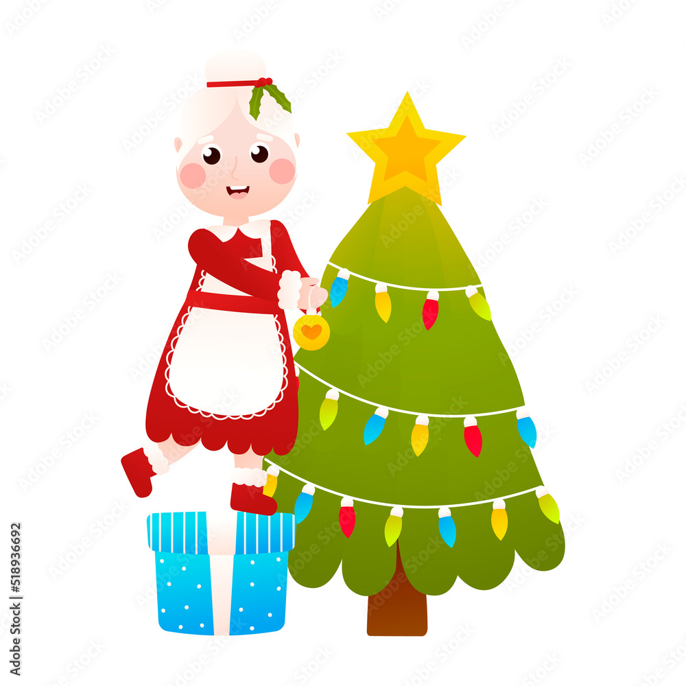 Mrs Santa Claus character decorating christmas tree and gift boxes in cartoon style on white background Mrs Santa Claus character decorating christmas tree and gift boxes in cartoon style on white background