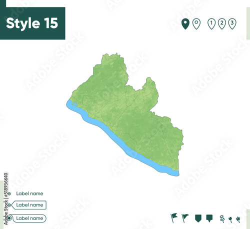 Liberia - map with shaded relief, land cover, rivers, lakes, mountains. Biome map.