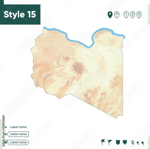 Libya - map with shaded relief, land cover, rivers, lakes, mountains. Biome map.