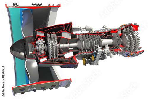 Obraz na plátne Cutaway Turbofan Aircraft Engine Sectioned 3D rendering