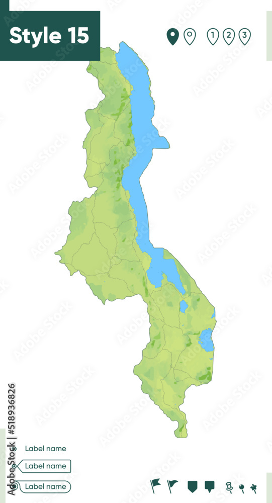 Obraz premium Malawi - map with shaded relief, land cover, rivers, lakes, mountains. Biome map.