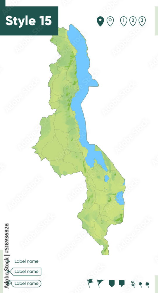 Malawi - map with shaded relief, land cover, rivers, lakes, mountains. Biome map.