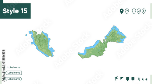 Malaysia - map with shaded relief, land cover, rivers, lakes, mountains. Biome map.