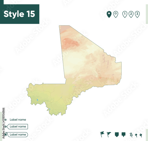 Mali - map with shaded relief, land cover, rivers, lakes, mountains. Biome map.