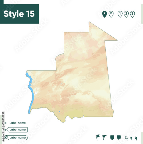 Mauritania - map with shaded relief, land cover, rivers, lakes, mountains. Biome map.