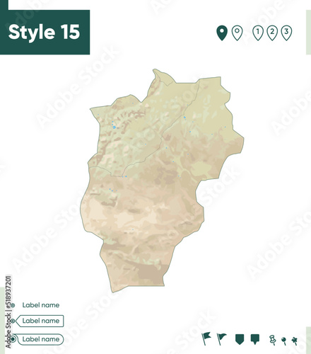 Ovorkhangai, Mongolia - map with shaded relief, land cover, rivers, lakes, mountains. Biome map.