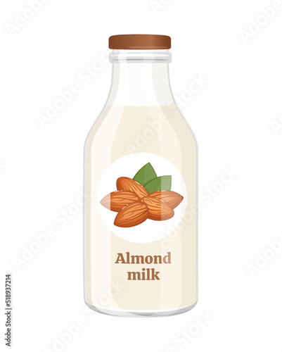 Vegan almond milk in glass bottle, alternative non dairy drink, vector Illustration on white background