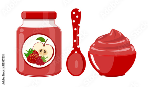 Apple strawberries and raspberries baby food puree in glass jar with polka dot spoon and bowl, vector illustration isolated on white background