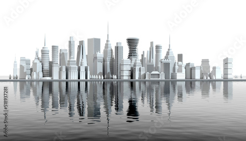 3D rendering illustration Beautiful modern city with lots of skyscrapers on the river. Modern business centre  downtown with reflection in water.