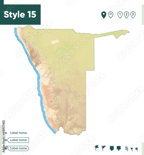 Namibia - map with shaded relief, land cover, rivers, lakes, mountains. Biome map.