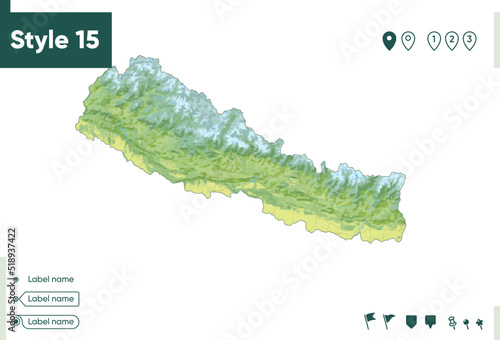 Nepal - map with shaded relief, land cover, rivers, lakes, mountains. Biome map.