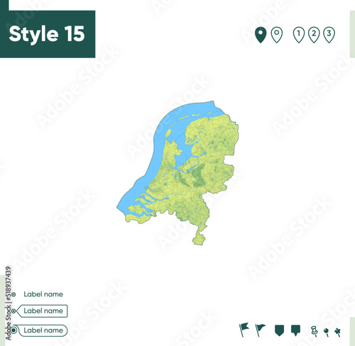 Netherlands - map with shaded relief, land cover, rivers, lakes, mountains. Biome map.