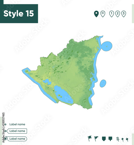 Nicaragua - map with shaded relief, land cover, rivers, lakes, mountains. Biome map.