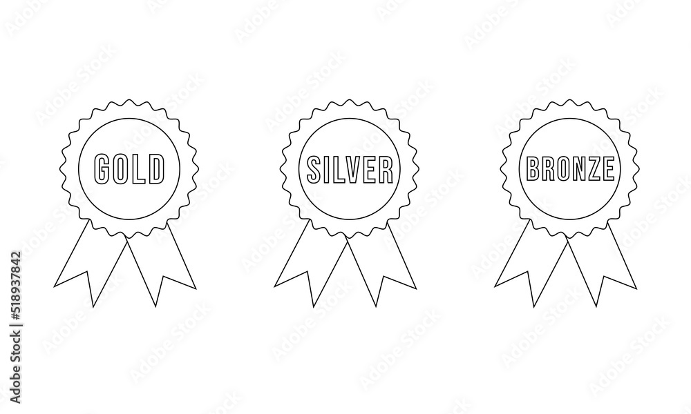 Set of badges with ribbons and inscriptions gold, silver, bronze in line style. Vector illustration
