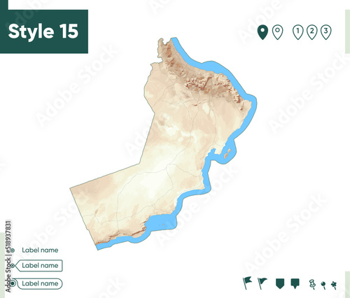 Oman - map with shaded relief, land cover, rivers, lakes, mountains. Biome map.