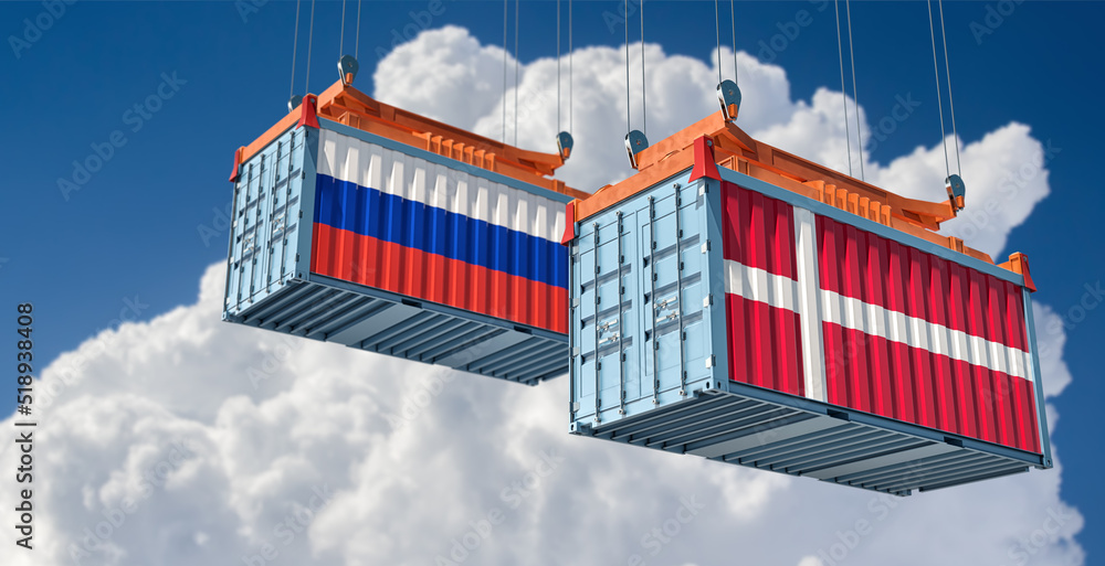 Cargo containers with Denmark and Russia national flags. 3D Rendering