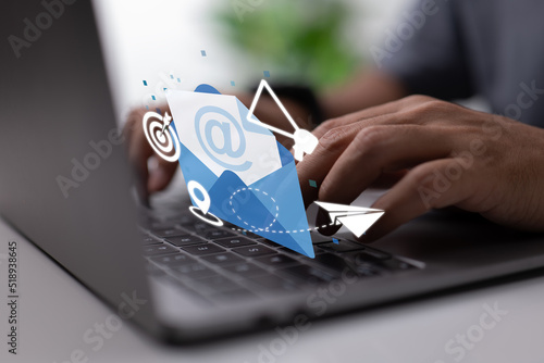 oncept of email marketing. advertisement media, consumer targeting, messaging, invitations, message notifications, and enticing offers all.