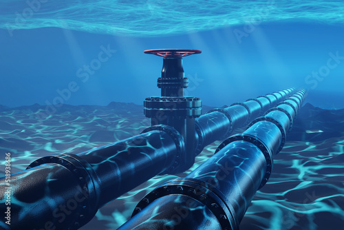 Underwater natural gas or oil pipelines with a valve on seabed shone by light rays. photo