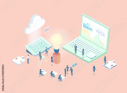 Isometric 3D business concept environment, Business people working in server room, technology, big data, computing, artificial intelligence, writing applications concept illustration