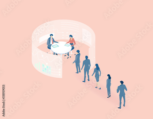 Isometric 3D business concept environment, Business people queuing for the interview. Job finding, recruitment, head hunting concept 
