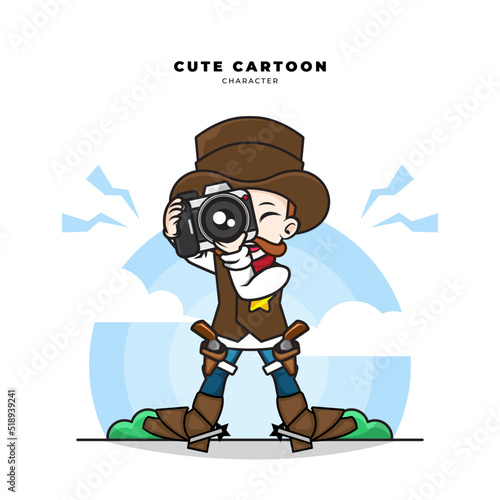 Cute cartoon character of cowboy is photographer
